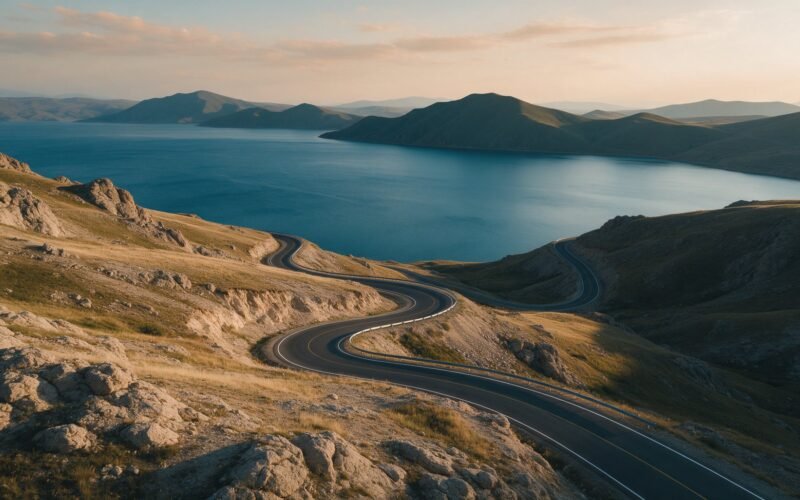Mountain road descending toward a lake in the Armenian highlands