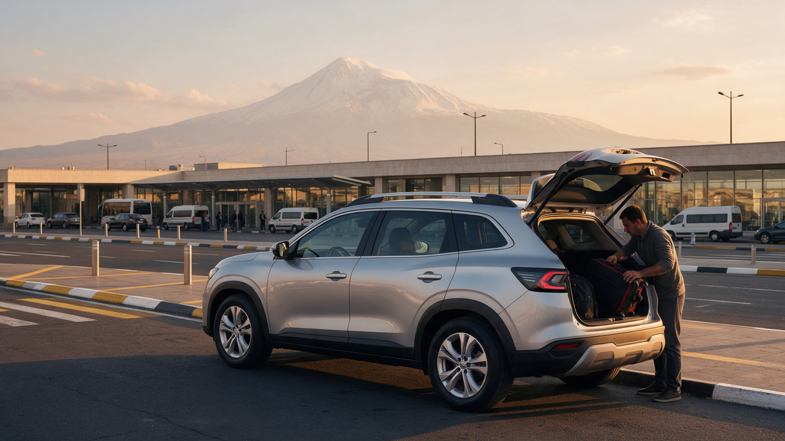 Traveller loading a suitcase into a rental car at a sunlit airport in Armenia with Mount Ararat on the horizon