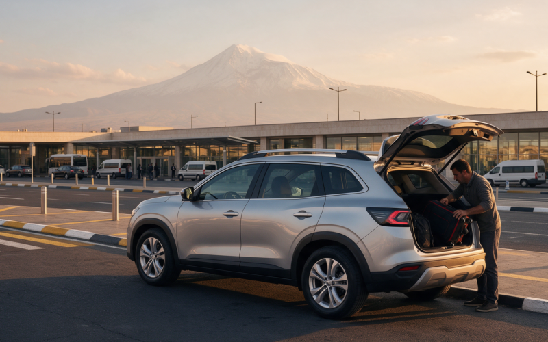 Traveller loading a suitcase into a rental car at a sunlit airport in Armenia with Mount Ararat on the horizon