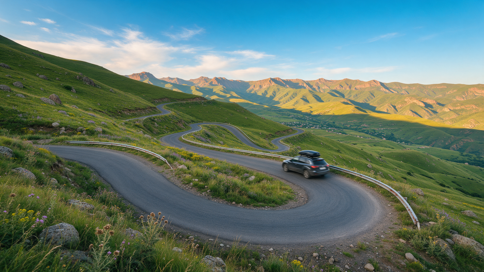Car driving on a winding paved mountain road through the Armenian highlands