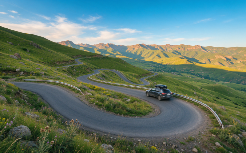 Car driving on a winding paved mountain road through the Armenian highlands