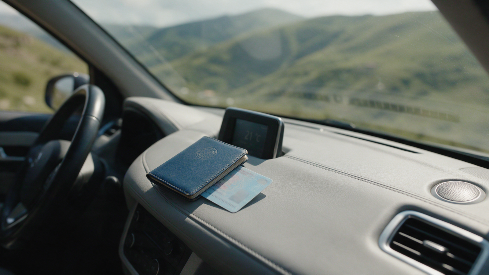 Passport and driving licence resting on a car dashboard with green Armenian mountains through the windshield