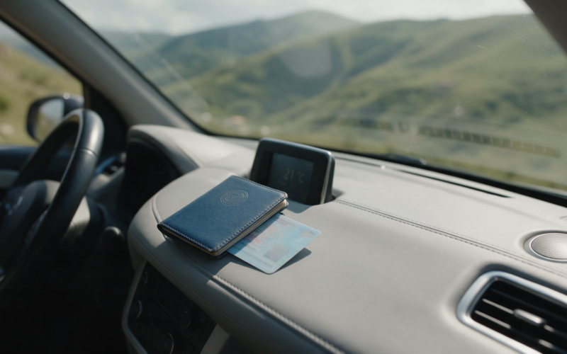 Passport and driving licence resting on a car dashboard with green Armenian mountains through the windshield