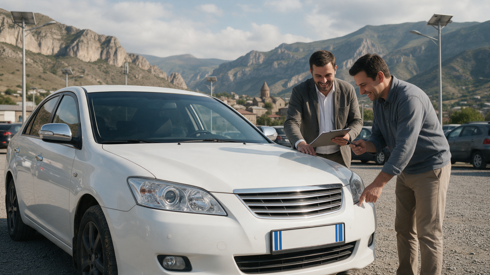 Rental agent and customer doing a walkaround inspection of a rental car