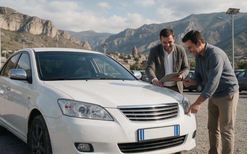 Rental agent and customer doing a walkaround inspection of a rental car