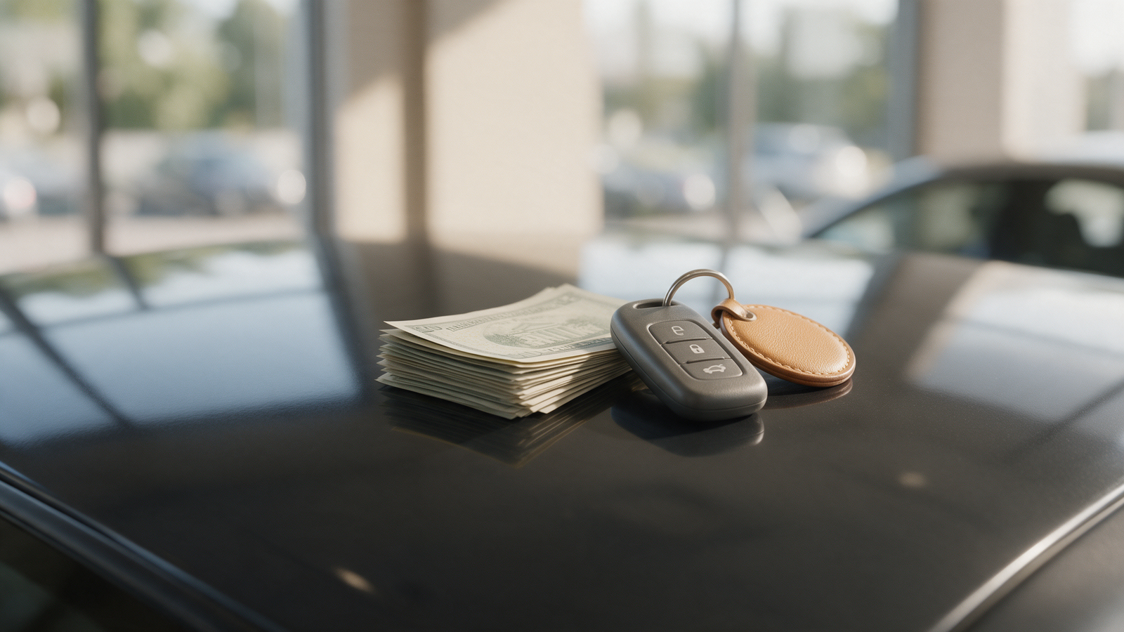 Cash banknotes and a car key resting together on the hood of a car
