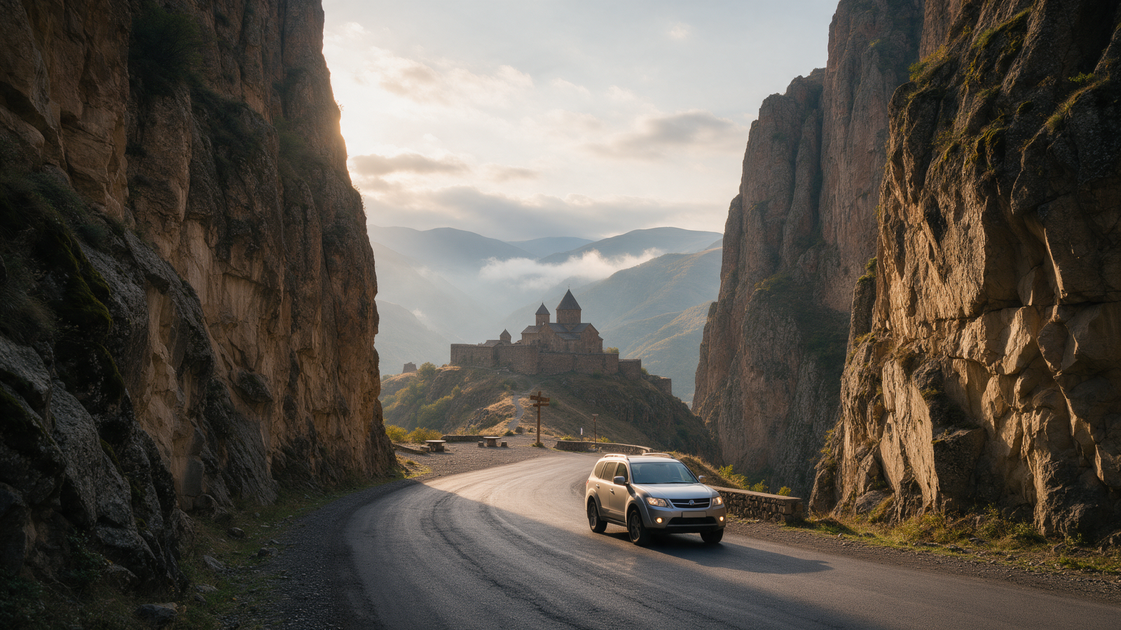 Car driving through a dramatic canyon road in northern Armenia with a monastery on a ridge in the distance