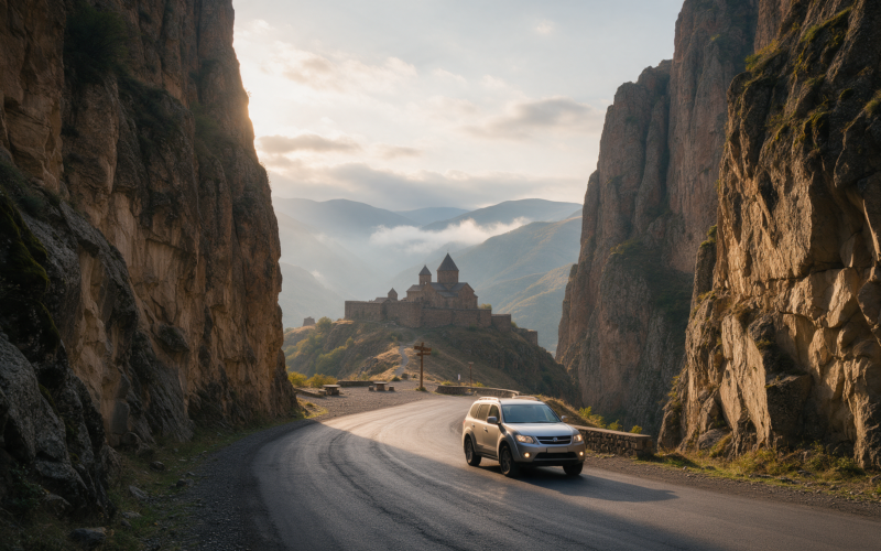 Car driving through a dramatic canyon road in northern Armenia with a monastery on a ridge in the distance