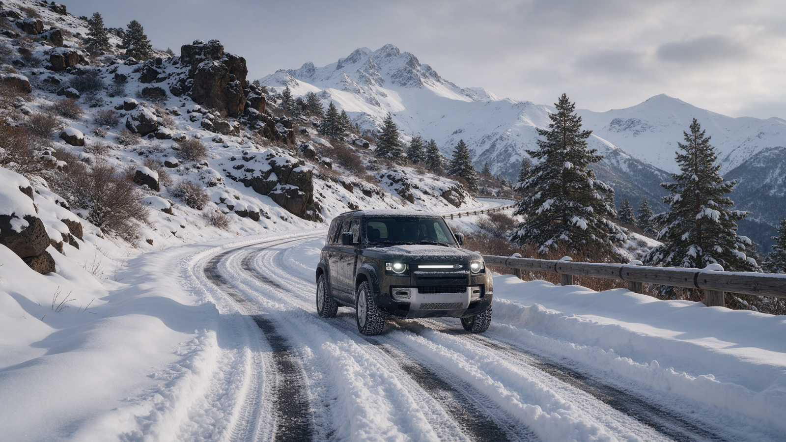 SUV driving on a snow-covered mountain pass road in Armenia with snow-capped peaks in the background