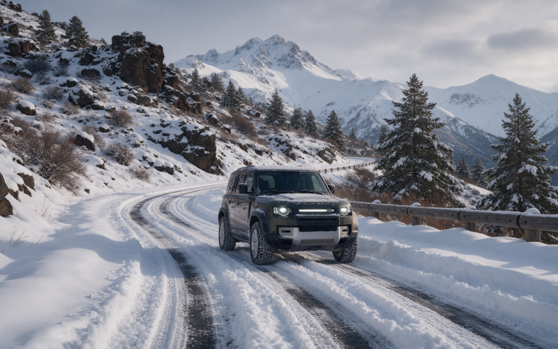 SUV driving on a snow-covered mountain pass road in Armenia with snow-capped peaks in the background
