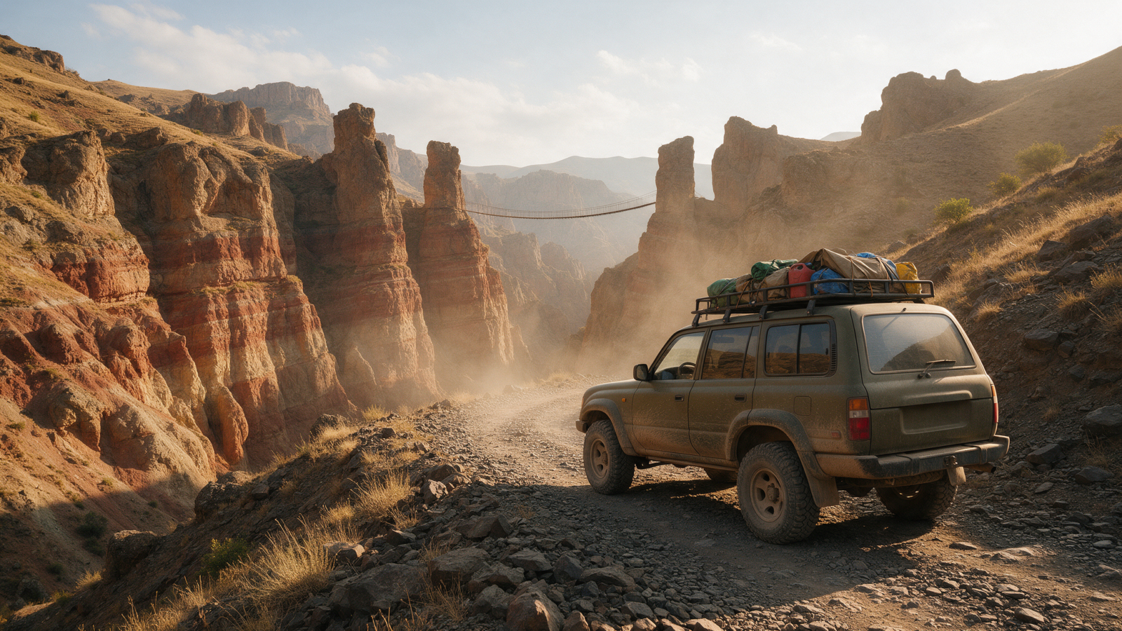 Rugged 4x4 SUV parked on a rocky gravel mountain track near a canyon with a historic swinging footbridge in the distance