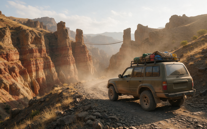 Rugged 4x4 SUV parked on a rocky gravel mountain track near a canyon with a historic swinging footbridge in the distance