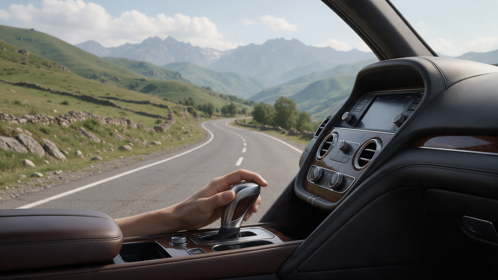 Automatic gearshift in a rental car on an Armenian mountain road
