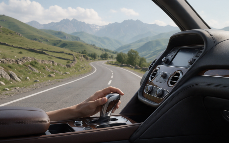Automatic gearshift in a rental car on an Armenian mountain road
