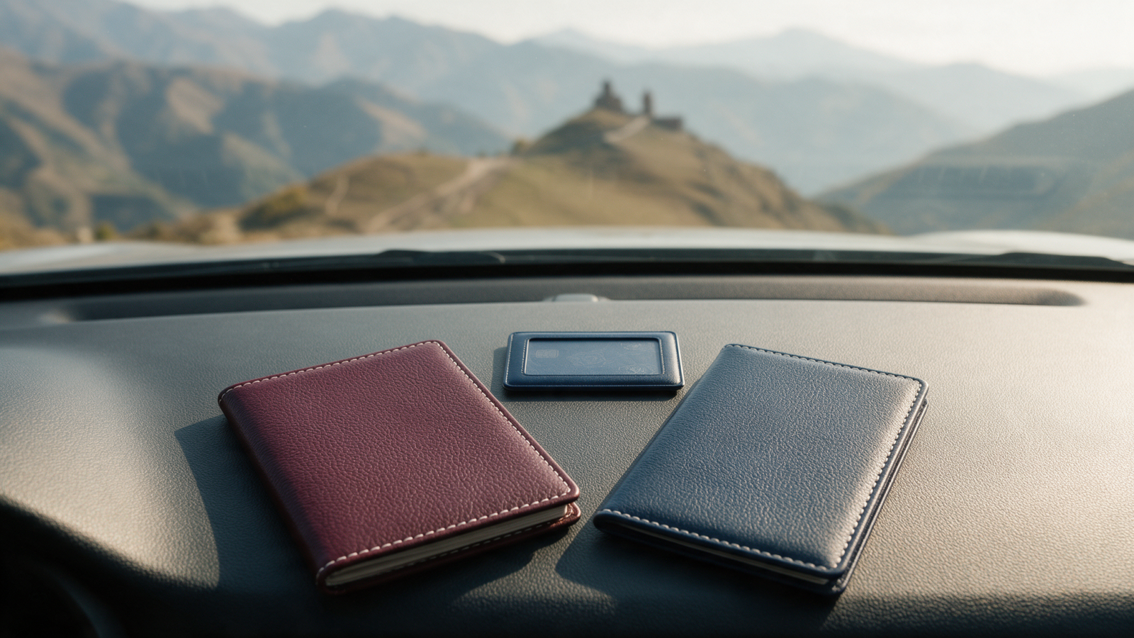 Passport and driving documents on a rental car dashboard in Armenia