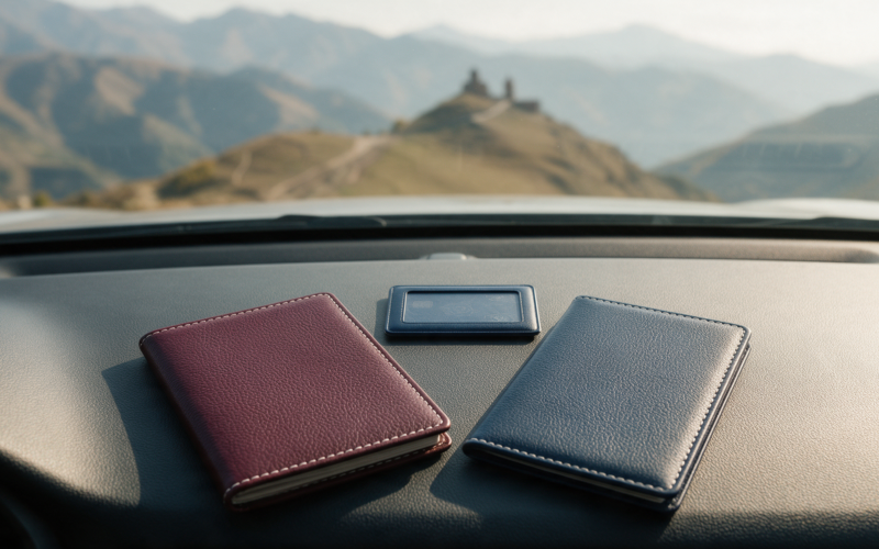 Passport and driving documents on a rental car dashboard in Armenia