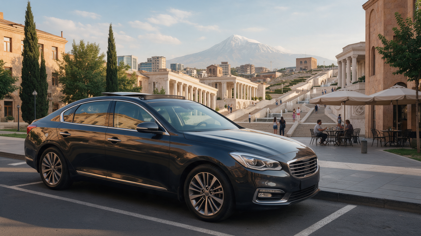 Long-term rental sedan parked in Yerevan with the Cascade in view