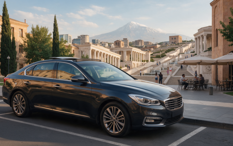Long-term rental sedan parked in Yerevan with the Cascade in view
