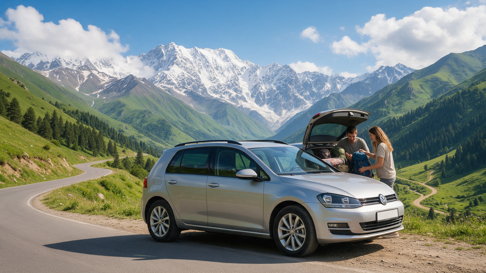 Young travelers loading a compact rental car in Armenia
