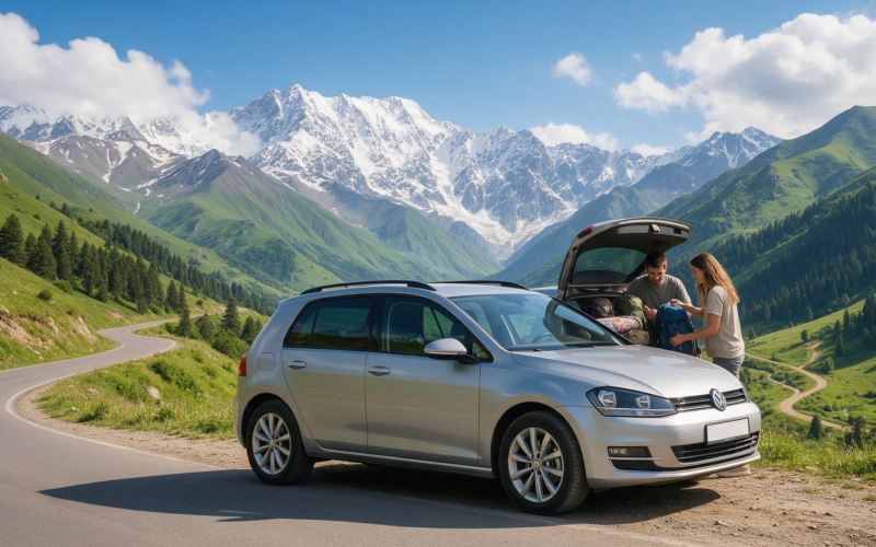 Young travelers loading a compact rental car in Armenia