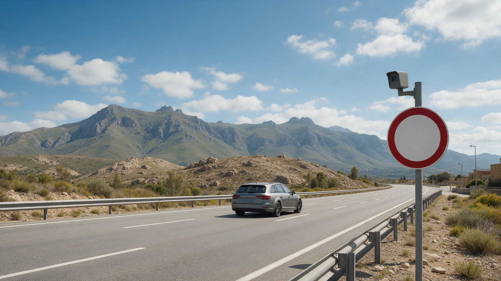 Car passing a speed limit sign and camera on an Armenian highway
