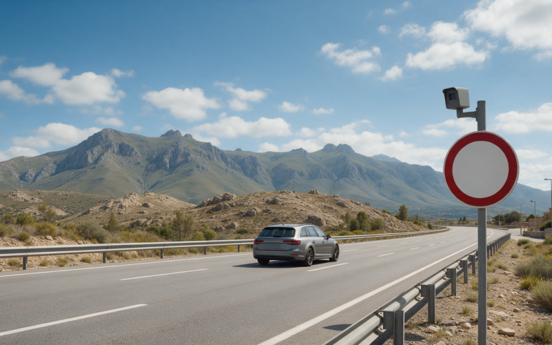 Car passing a speed limit sign and camera on an Armenian highway