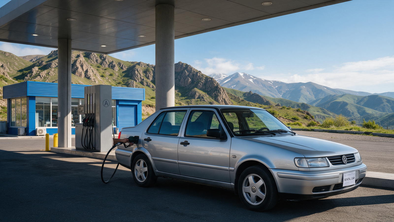 Refueling a rental car at a gas station in Armenia