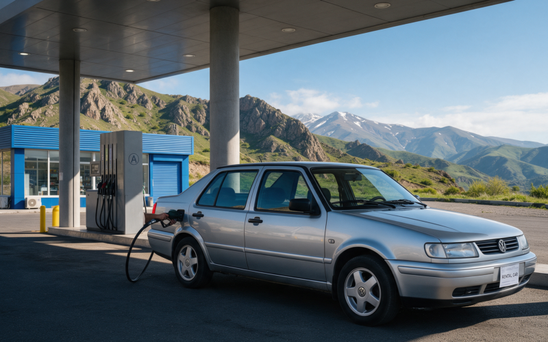 Refueling a rental car at a gas station in Armenia