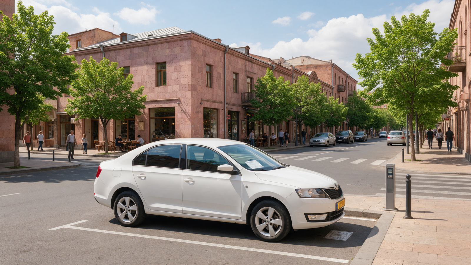 Rental car parked in a paid parking zone in central Yerevan