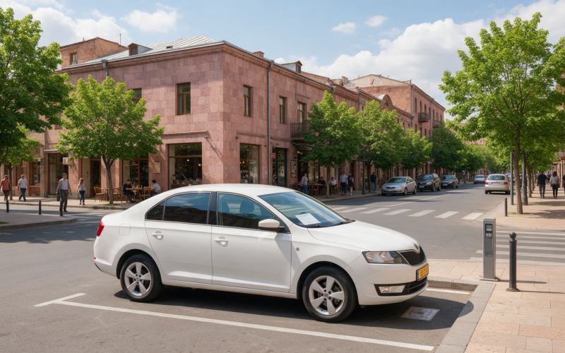 Rental car parked in a paid parking zone in central Yerevan