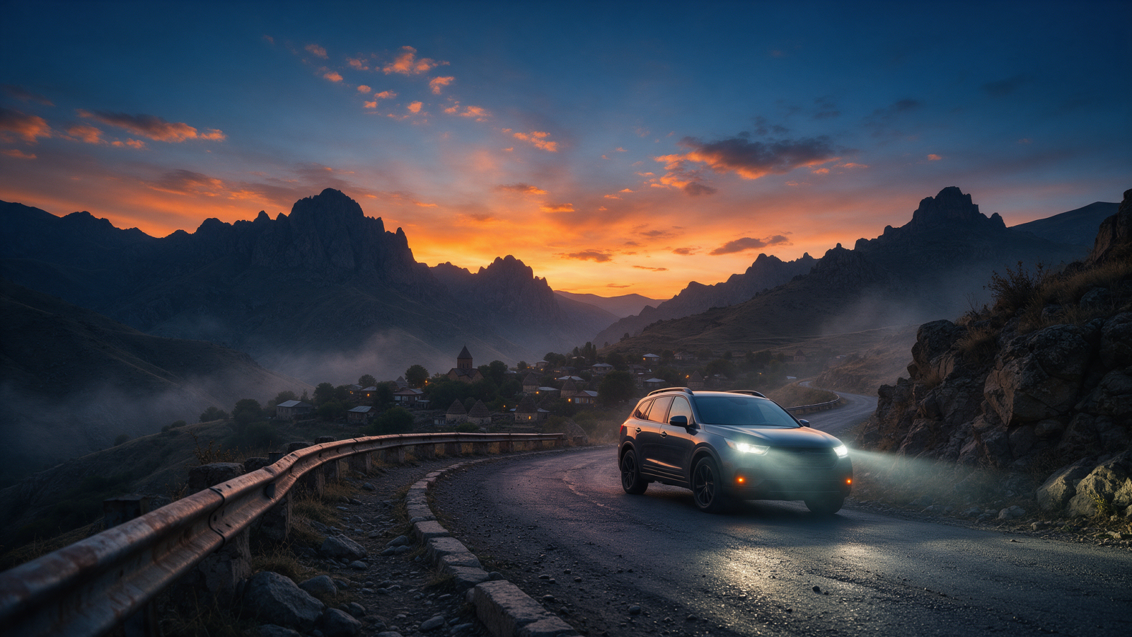 Car driving at dusk on a mountain road in Armenia
