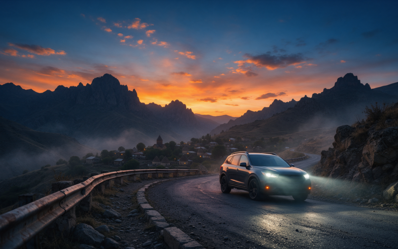 Car driving at dusk on a mountain road in Armenia