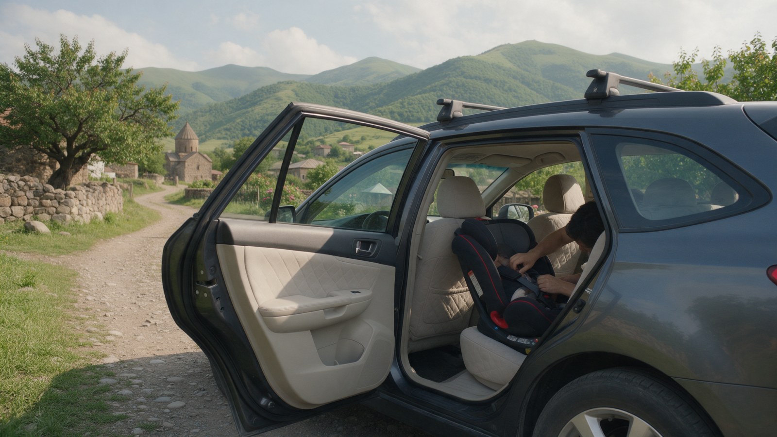Parent installing a child car seat in an Armenia rental SUV