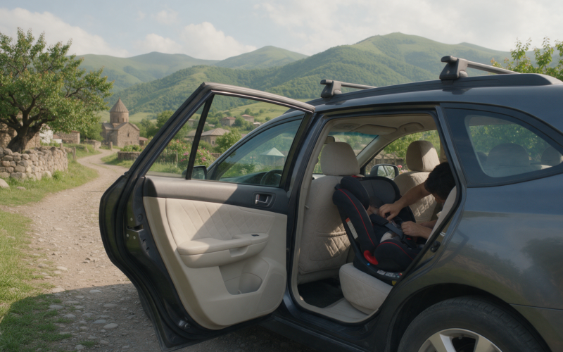 Parent installing a child car seat in an Armenia rental SUV