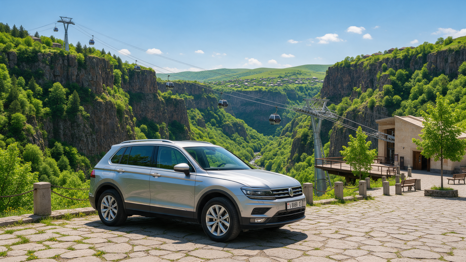 Rental car near the Wings of Tatev cableway in southern Armenia