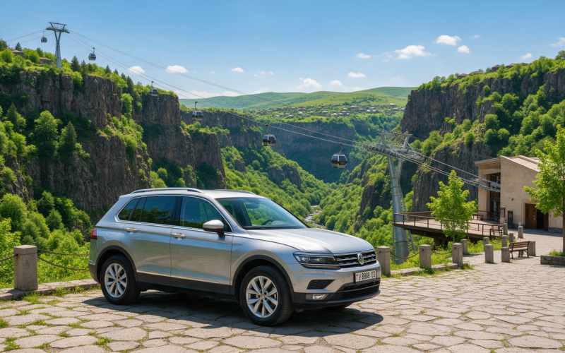 Rental car near the Wings of Tatev cableway in southern Armenia