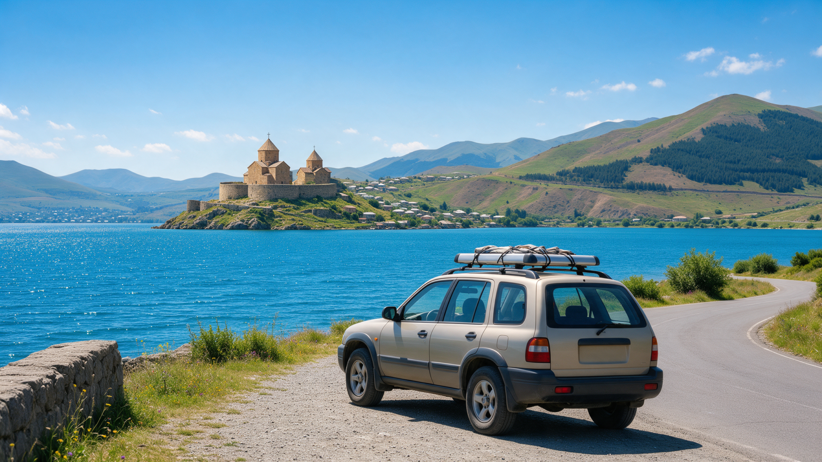 Rental car on the shore of Lake Sevan, Armenia