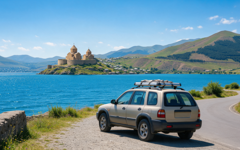 Rental car on the shore of Lake Sevan, Armenia