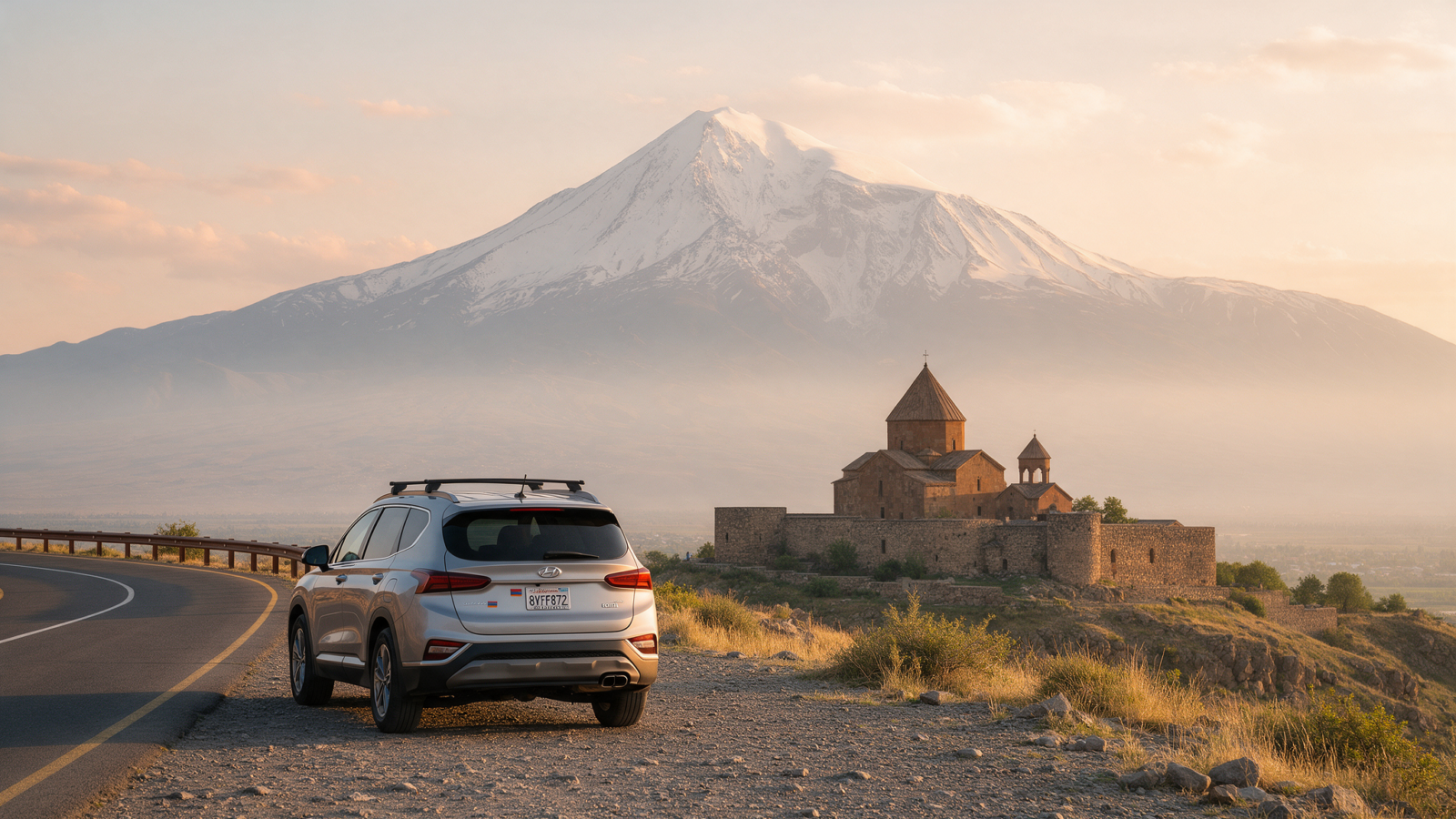 Rental car with Khor Virap monastery and Mount Ararat in view
