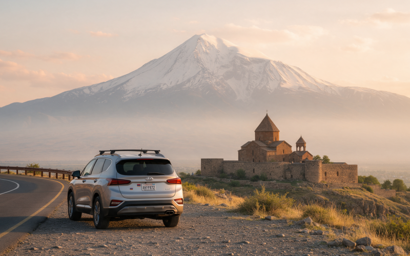 Rental car with Khor Virap monastery and Mount Ararat in view
