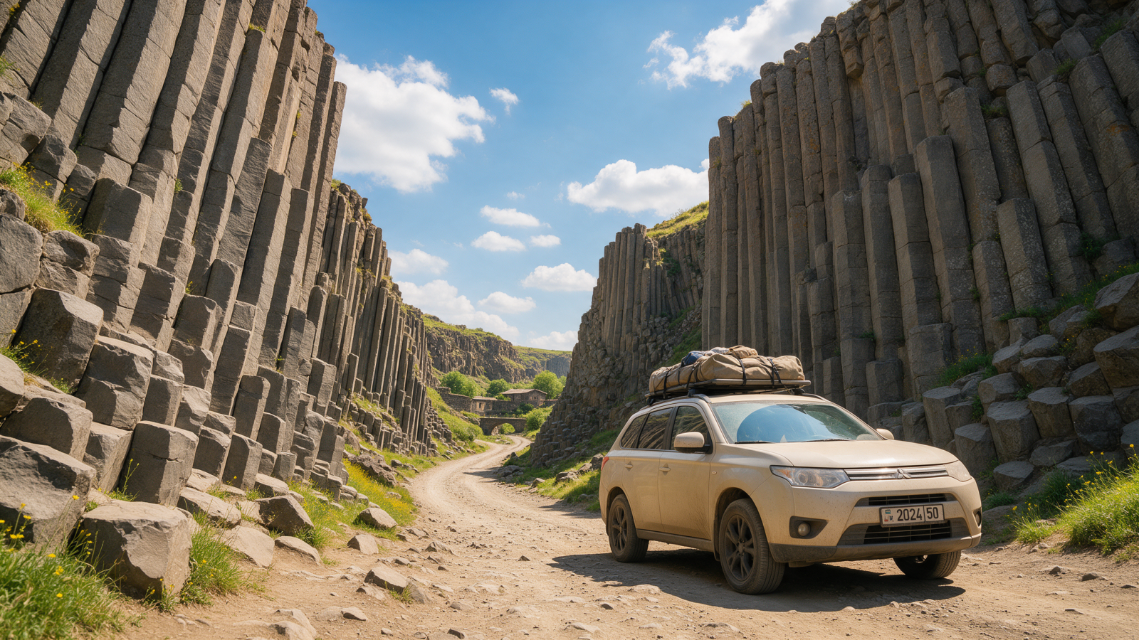 Rental car at the Symphony of Stones basalt columns, Garni