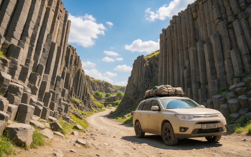 Rental car at the Symphony of Stones basalt columns, Garni