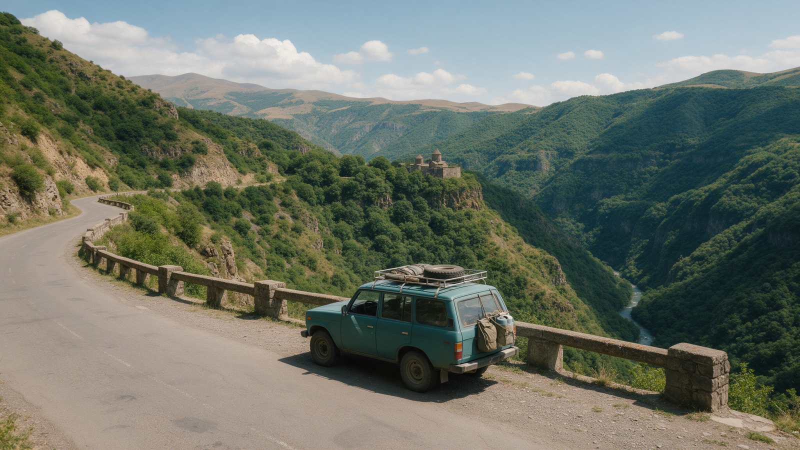 Rental car overlooking the Debed Canyon monasteries, Armenia