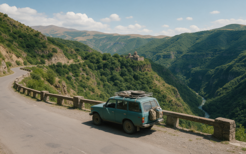 Rental car overlooking the Debed Canyon monasteries, Armenia