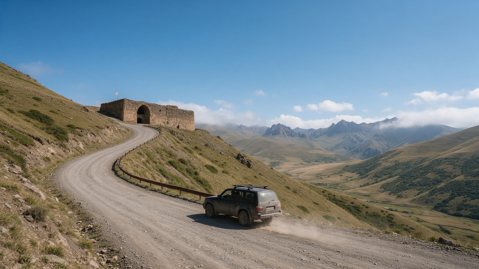 SUV climbing the Selim Pass with the historic caravanserai