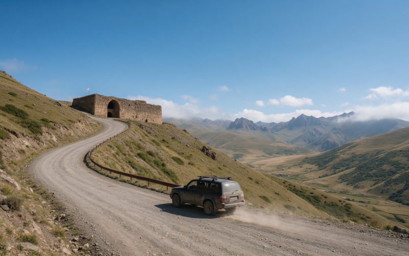 SUV climbing the Selim Pass with the historic caravanserai