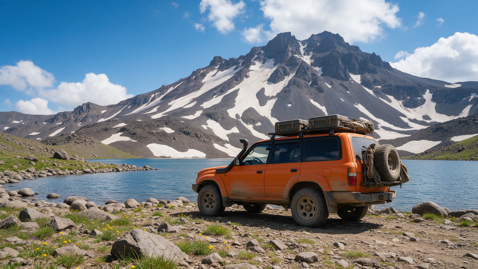 4x4 rental car at Kari Lake beneath Mount Aragats
