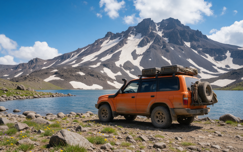 4x4 rental car at Kari Lake beneath Mount Aragats