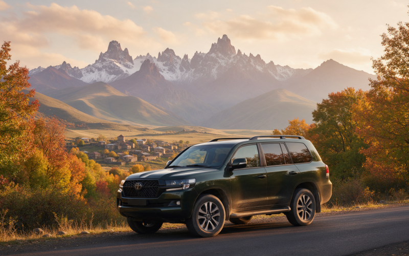 Rental car on an Armenian road in autumn, seasonal travel guide