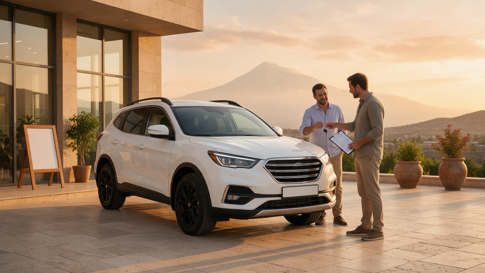 Car rental insurance handover at a rental office in Armenia